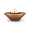 The Outdoor Plus 48" Cazo Wide Ledge Concrete Gas Fire Pit in copper, offering an elegant design for high-end patios. With a spacious wide ledge, it serves as both a functional and decorative outdoor piece. The smooth copper finish creates a striking appearance, making it a beautiful focal point for entertaining