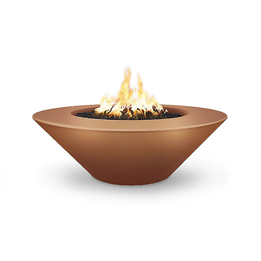 The Outdoor Plus 48" Cazo Wide Ledge Concrete Gas Fire Pit in copper, offering an elegant design for high-end patios. With a spacious wide ledge, it serves as both a functional and decorative outdoor piece. The smooth copper finish creates a striking appearance, making it a beautiful focal point for entertaining