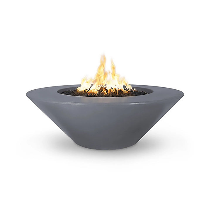 The Outdoor Plus 48" Cazo Wide Ledge Concrete Gas Fire Pit in gray, a sophisticated addition to modern outdoor spaces. Its wide ledge offers extra surface area, and the sleek gray concrete finish adds a clean, minimalist aesthetic. Designed for outdoor relaxation and gatherings, this gas fire pit is both stylish and functional. 