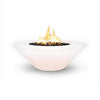  The Outdoor Plus 48" Cazo Wide Ledge Concrete Gas Fire Pit in a pearl finish with a smooth, sleek surface. The glossy appearance of the pearl color enhances the modern aesthetic, providing a sophisticated and refined centerpiece for outdoor spaces. Its wide ledge offers both decorative and practical purposes. 