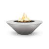 The Outdoor Plus 48" Cazo Wide Ledge Concrete Gas Fire Pit in silver metallic finish, offering a sleek, industrial look. The silver color gives it a modern and futuristic feel, perfect for upscale outdoor environments. The wide ledge adds functionality while maintaining the fire pit’s minimalist aesthetic.
