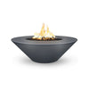The Outdoor Plus 48" Cazo Wide Ledge Concrete Gas Fire Pit in slate finish, featuring a dark, stylish appearance perfect for modern outdoor settings. The slate color offers a sophisticated, bold statement while the wide ledge allows for convenience and decorative options. Ideal for contemporary landscapes. 