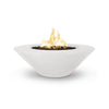 The Outdoor Plus 48" Cazo Wide Ledge Concrete Gas Fire Pit in white limestone finish, offering a clean and elegant look. This fire pit is ideal for modern, minimalist outdoor spaces, providing both function and beauty. The wide ledge is perfect for decorative elements, making it a versatile outdoor feature.