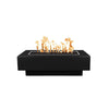 The Outdoor Plus 48-inch Coronado Steel Gas Fire Pit in Black Powder Coated Steel finish, boasting a sleek and bold appearance. This modern fire pit has a strong geometric shape and a spacious burner area, making it ideal for large gatherings and outdoor events. The black powder coating not only adds to its striking look but also provides excellent resistance to weather elements and daily wear