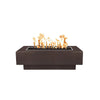 The Outdoor Plus 48-inch Coronado Steel Gas Fire Pit in Copper Vein Powder Coated Steel finish, featuring a distinctive speckled texture with a coppery brown hue. This fire pit has a bold, industrial aesthetic that stands out in any outdoor space. Ideal for use in contemporary and modern settings, this finish adds a unique touch while providing excellent durability and resistance to weathering
