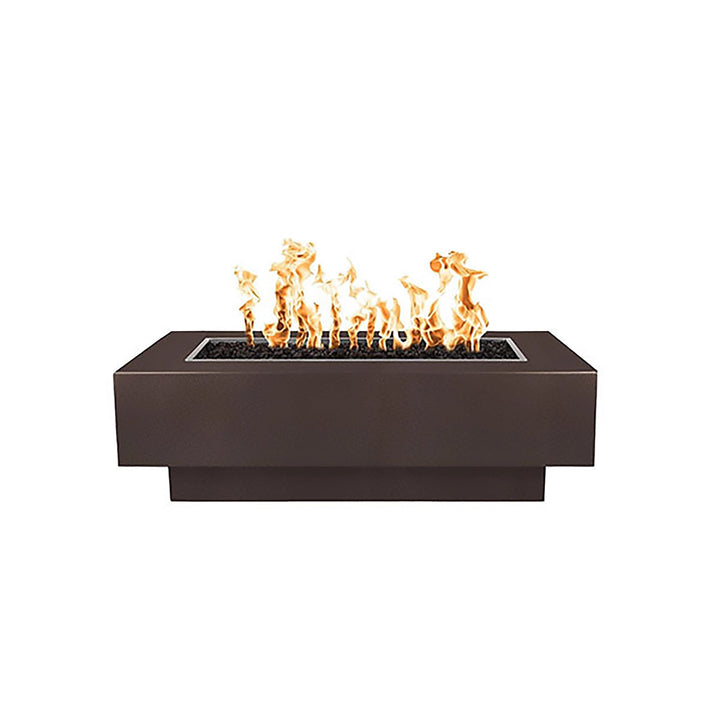 The Outdoor Plus 48-inch Coronado Steel Gas Fire Pit in Copper Vein Powder Coated Steel finish, featuring a distinctive speckled texture with a coppery brown hue. This fire pit has a bold, industrial aesthetic that stands out in any outdoor space. Ideal for use in contemporary and modern settings, this finish adds a unique touch while providing excellent durability and resistance to weathering