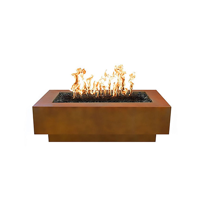 The Outdoor Plus 48-inch Coronado Steel Gas Fire Pit in a Corten Steel finish, featuring a rich, rustic look with a weathered texture. This rectangular fire pit has a sleek and modern design that blends seamlessly into outdoor settings, with a linear burner that offers even flame distribution for a cozy atmosphere. Perfect for enhancing outdoor patios, backyards, or commercial spaces. Ideal for use as a propane or natural gas fire pit, combining style and durability with its robust steel construction.