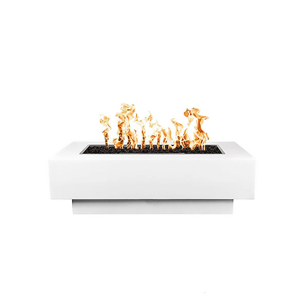 "The Outdoor Plus 48-inch Coronado Steel Gas Fire Pit in White Powder Coated Steel finish, providing a clean and elegant look for modern outdoor spaces. The durable powder coating ensures protection against weather elements and corrosion, making it a reliable choice for year-round use. This rectangular fire pit features a spacious fire bed for optimal flame presentation, perfect for creating a focal point in gardens, patios, and commercial areas.