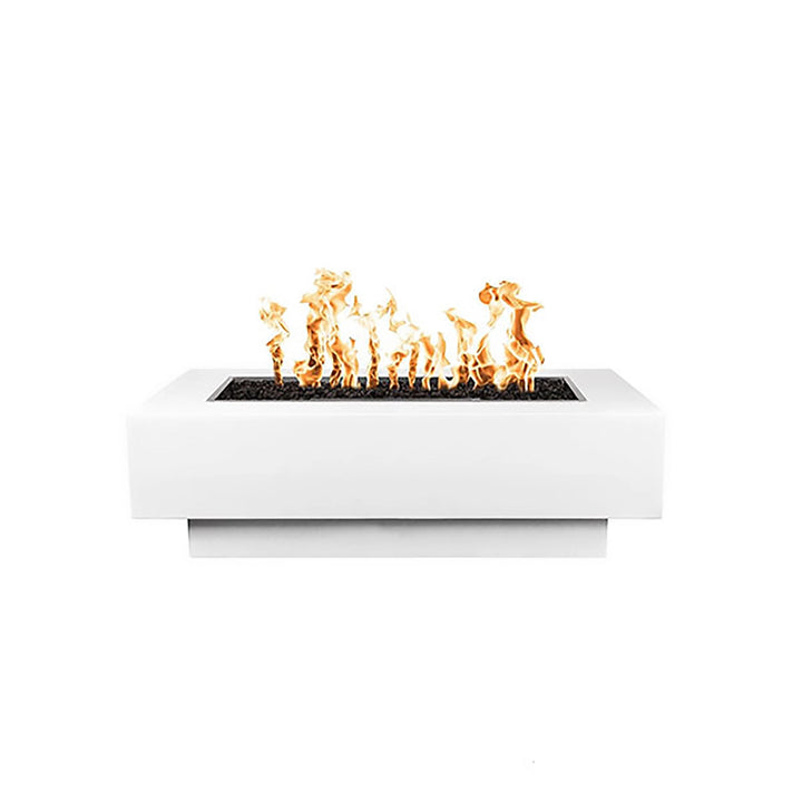 "The Outdoor Plus 48-inch Coronado Steel Gas Fire Pit in White Powder Coated Steel finish, providing a clean and elegant look for modern outdoor spaces. The durable powder coating ensures protection against weather elements and corrosion, making it a reliable choice for year-round use. This rectangular fire pit features a spacious fire bed for optimal flame presentation, perfect for creating a focal point in gardens, patios, and commercial areas.