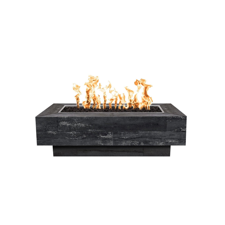 The Outdoor Plus 48-inch Coronado Wood Grain Concrete Gas Fire Pit in ebony, showcasing a rustic wood texture finish. This rectangular fire pit features realistic wood grain detailing with a deep black hue, perfect for creating a bold statement in any outdoor setting. Ideal for both residential and commercial use, this gas fire pit is designed to provide a warm and inviting ambiance for any patio or backyard space. Suitable for natural gas or propane configurations