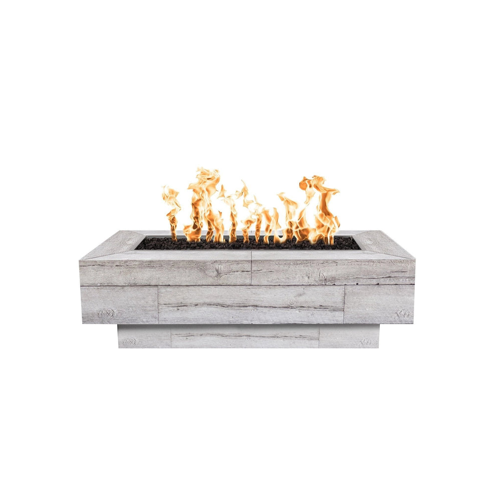 The Outdoor Plus 48-inch Coronado Wood Grain Concrete Gas Fire Pit in ivory, featuring a light wood grain texture. This rectangular fire pit with a smooth ivory finish is perfect for adding an elegant touch to any outdoor space. The light color enhances the realistic wood detailing, making it a striking centerpiece for patios or backyards. Suitable for both propane and natural gas, this fire pit is ideal for creating a relaxing atmosphere during gatherings
