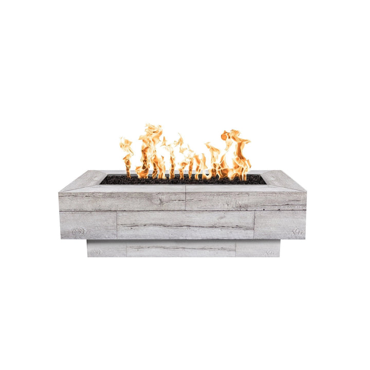 The Outdoor Plus 48-inch Coronado Wood Grain Concrete Gas Fire Pit in ivory, featuring a light wood grain texture. This rectangular fire pit with a smooth ivory finish is perfect for adding an elegant touch to any outdoor space. The light color enhances the realistic wood detailing, making it a striking centerpiece for patios or backyards. Suitable for both propane and natural gas, this fire pit is ideal for creating a relaxing atmosphere during gatherings