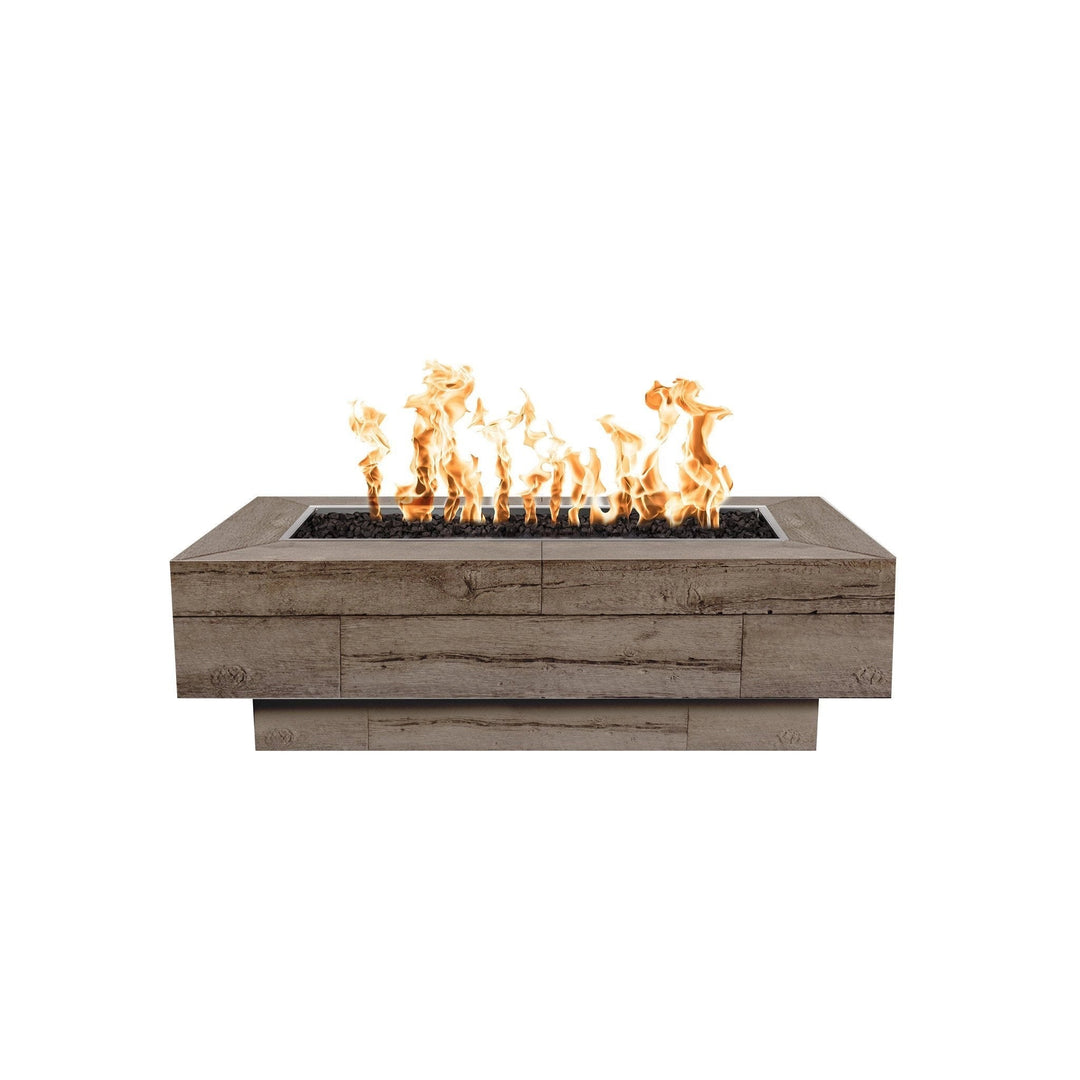 The Outdoor Plus 48-inch Coronado Wood Grain Concrete Gas Fire Pit in oak, highlighting a medium wood tone with realistic grain patterns. This fire pit has a natural oak finish that blends seamlessly into any outdoor environment, providing a rustic and inviting look. The rectangular design and detailed wood grain make it a stylish focal point for patios or backyards, whether used with natural gas or propane. Perfect for creating a cozy outdoor gathering spot.