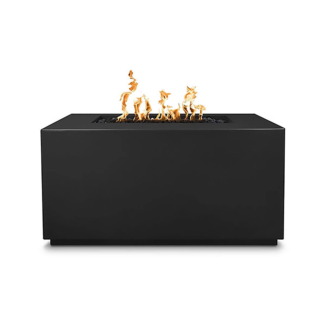 The Outdoor Plus 48-inch Pismo Concrete Gas Fire Pit in black finish, highlighting its elegant and modern aesthetic. This rectangular fire pit is constructed with high-quality concrete and features a center burner filled with black lava rock, providing a striking visual contrast. Perfect for evening gatherings and outdoor entertaining, this fire pit adds a sophisticated touch to any patio or backyard.