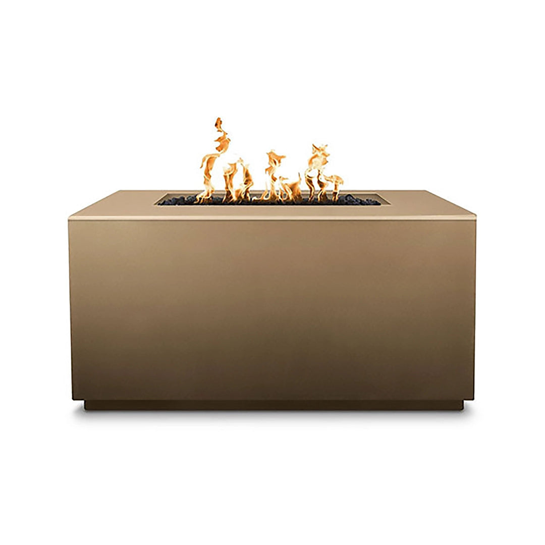 The Outdoor Plus 48-inch Pismo Concrete Gas Fire Pit in bronze finish, featuring a polished look that complements both rustic and modern outdoor settings. The fire pit's rectangular burner is filled with black lava rock, creating a beautiful flame presentation. Its durable concrete construction ensures longevity and resistance to outdoor elements, making it a stunning centerpiece for outdoor spaces. 