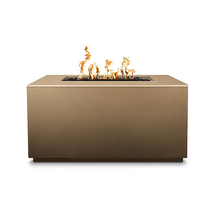 The Outdoor Plus 48-inch Pismo Concrete Gas Fire Pit in bronze finish, featuring a polished look that complements both rustic and modern outdoor settings. The fire pit's rectangular burner is filled with black lava rock, creating a beautiful flame presentation. Its durable concrete construction ensures longevity and resistance to outdoor elements, making it a stunning centerpiece for outdoor spaces. 