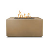 The Outdoor Plus 48-inch Pismo Concrete Gas Fire Pit in brown finish, designed to enhance outdoor aesthetics with its earthy tone and clean lines. This rectangular fire pit features a center burner filled with black lava rock and produces a mesmerizing flame display that adds ambiance and warmth to any patio or backyard. A perfect addition for homeowners looking to elevate their outdoor experience.