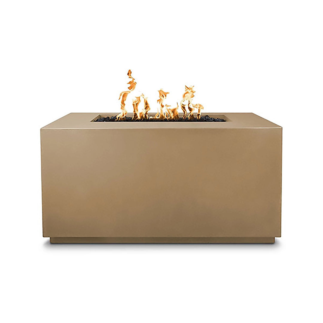 The Outdoor Plus 48-inch Pismo Concrete Gas Fire Pit in brown finish, designed to enhance outdoor aesthetics with its earthy tone and clean lines. This rectangular fire pit features a center burner filled with black lava rock and produces a mesmerizing flame display that adds ambiance and warmth to any patio or backyard. A perfect addition for homeowners looking to elevate their outdoor experience.