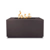 The Outdoor Plus 48-inch Pismo Concrete Gas Fire Pit in chestnut finish, offering a rich and warm tone that complements various outdoor décors. The sleek and minimalist design features a center burner filled with black lava rock, creating a unique and inviting fire display. Ideal for creating a cozy gathering spot in patios, decks, or outdoor living spaces.