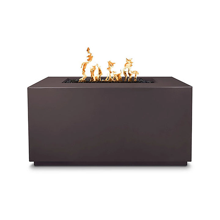 The Outdoor Plus 48-inch Pismo Concrete Gas Fire Pit in chestnut finish, offering a rich and warm tone that complements various outdoor décors. The sleek and minimalist design features a center burner filled with black lava rock, creating a unique and inviting fire display. Ideal for creating a cozy gathering spot in patios, decks, or outdoor living spaces.