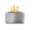 The Outdoor Plus 48-inch Pismo Steel Gas Fire Pit in a sleek stainless steel finish. This modern rectangular fire pit is constructed from premium-grade stainless steel, offering a contemporary look and exceptional durability. The stainless steel build ensures rust resistance, making it ideal for both coastal and inland settings. Its reflective surface beautifully accentuates the flames, creating a captivating centerpiece for outdoor entertainment areas.
