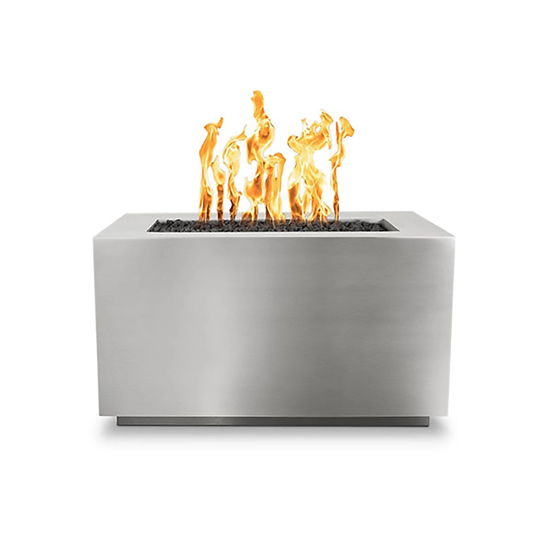 The Outdoor Plus 48-inch Pismo Steel Gas Fire Pit in a sleek stainless steel finish. This modern rectangular fire pit is constructed from premium-grade stainless steel, offering a contemporary look and exceptional durability. The stainless steel build ensures rust resistance, making it ideal for both coastal and inland settings. Its reflective surface beautifully accentuates the flames, creating a captivating centerpiece for outdoor entertainment areas.