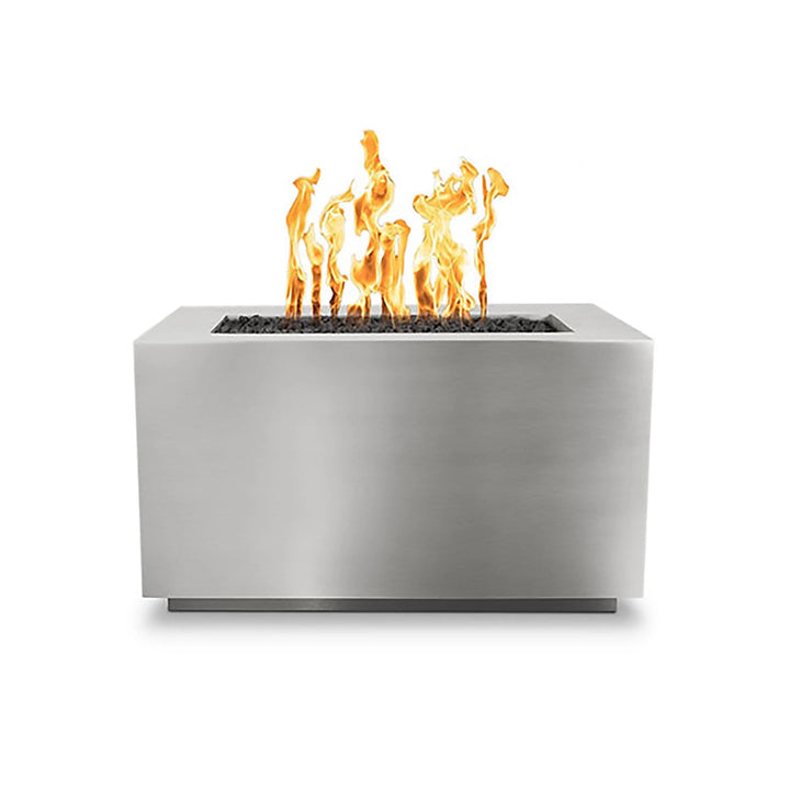 The Outdoor Plus 48-inch Pismo Steel Gas Fire Pit in a sleek stainless steel finish. This modern rectangular fire pit is constructed from premium-grade stainless steel, offering a contemporary look and exceptional durability. The stainless steel build ensures rust resistance, making it ideal for both coastal and inland settings. Its reflective surface beautifully accentuates the flames, creating a captivating centerpiece for outdoor entertainment areas.