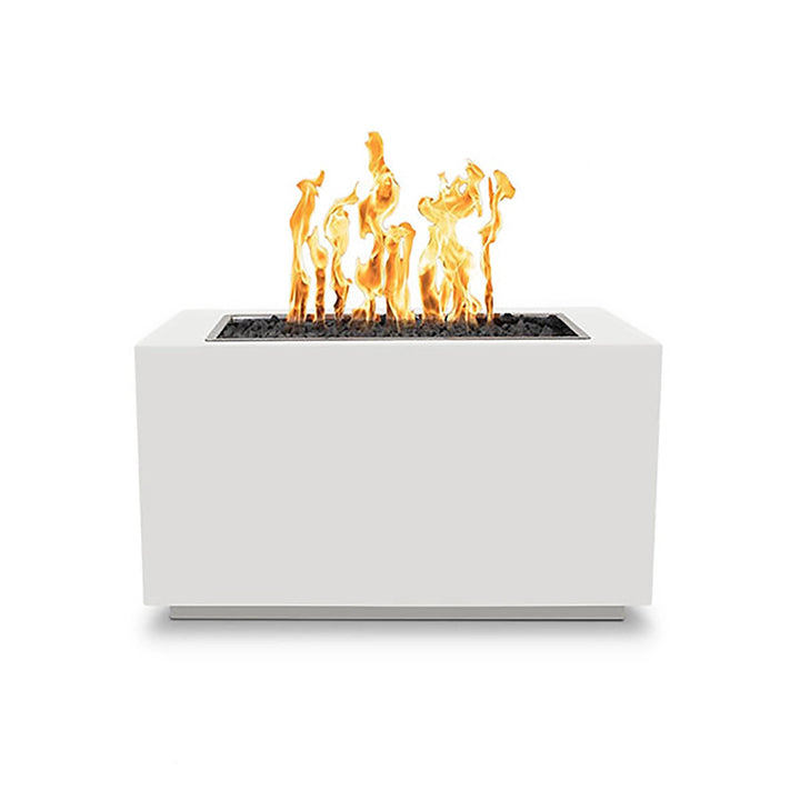 The Outdoor Plus 48-inch Pismo Steel Gas Fire Pit in a white powder-coated steel finish. Featuring a minimalist rectangular design, this gas fire pit offers a crisp, clean look that blends seamlessly with contemporary outdoor spaces. The white powder coating provides added protection against weather and wear, ensuring long-lasting beauty and performance. Perfect for creating a striking contrast in vibrant outdoor settings.