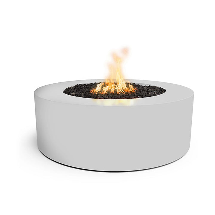 The Outdoor Plus 48-inch Round Unity Fire Pit in a clean white finish, offering a fresh and sleek look. The bright white color stands out in any outdoor environment, creating a refined and contemporary visual appeal that enhances the outdoor experience