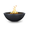 The Outdoor Plus 48" Sedona Concrete Gas Fire Pit in a round bowl design, featuring a dark slate finish. The slate-colored fire pit provides a sophisticated look that complements a variety of outdoor themes, from rustic to modern. Made from high-quality concrete, this durable fire pit can be used with natural gas or propane. Its deep bowl is ideal for holding fire glass or lava rocks, making it a perfect addition to your backyard, patio, or garden area for creating a warm and inviting atmosphere.