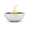 The Outdoor Plus 48" Sedona Concrete Gas Fire Pit in a bowl-shaped design, showcasing a smooth white limestone finish. The light, natural appearance of the white limestone adds a refined elegance to any outdoor space, making it ideal for luxury or modern settings. Designed for use with natural gas or propane, this durable fire pit can hold fire glass, lava rocks, or other fire media, providing a warm and inviting atmosphere. Perfect for patios, poolside areas, or garden landscapes, this white limestone fire