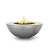 The Outdoor Plus 48" Sedona Wide Ledge Concrete Gas Fire Pit in a Silver finish, boasting a smooth, metallic sheen. This fire pit's glossy silver exterior adds a modern, sophisticated touch to any backyard or patio setup. Made from high-quality concrete, it features a sturdy and resilient construction designed to withstand the elements. Ideal for use with either propane or natural gas, the silver color creates a polished, contemporary look that pairs well with minimalist outdoor décor.