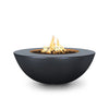 The Outdoor Plus 48" Sedona Wide Ledge Concrete Gas Fire Pit in Slate, designed to resemble a natural dark stone. This fire pit's deep slate color gives it a modern and elegant look, perfect for contemporary outdoor living spaces. The durable concrete material and wide ledge design add to its functionality, making it an ideal choice for creating a warm, inviting atmosphere in any patio or garden area. 