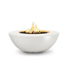 The Outdoor Plus 48" Sedona Wide Ledge Concrete Gas Fire Pit in White Limestone, featuring a textured stone-like surface. The light limestone finish adds a timeless elegance, making it suitable for both traditional and modern outdoor settings. Constructed from high-quality concrete, this fire pit is designed for durability and resilience in outdoor environments. Its wide ledge provides extra functionality, making it ideal for creating a cozy gathering spot.