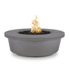 The Outdoor Plus 48" Tempe Concrete Gas Fire Pit in Natural Gray showcases a minimalist round profile with a smooth concrete texture, perfectly blending with modern outdoor decor. It features a wide rim and a center burner filled with black lava rocks, creating a striking contrast. Ideal for contemporary outdoor spaces
