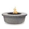 The Outdoor Plus 48" Tempe Concrete Gas Fire Pit in Rustic Gray showcases a distressed concrete finish with a unique cracked texture, giving it a weathered, vintage look. This fire pit features a large bowl shape with a wide rim and a black lava rock-filled burner, making it an ideal rustic centerpiece for outdoor areas.