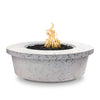 The Outdoor Plus 48" Tempe Concrete Gas Fire Pit in Rustic White features a beautifully distressed white finish with visible cracks, adding character and charm to any outdoor space. Its large round structure, coupled with the contrast of black lava rocks, makes it a standout feature for patios and gardens. Perfect for creating a vintage-inspired outdoor atmosphere.