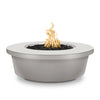 The Outdoor Plus 48" Tempe Concrete Gas Fire Pit in Silver finish boasts a sleek and modern look with its metallic sheen and smooth concrete surface. The fire pit's bowl shape is complemented by the shimmering silver color and a central burner filled with black lava rocks, making it a sophisticated addition to any contemporary outdoor space.