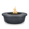 The Outdoor Plus 48" Tempe Concrete Gas Fire Pit in Slate finish showcases a dark, matte surface with a smooth texture, adding a touch of refinement to any patio or backyard. The fire pit's simple round design and the contrasting black lava rocks in the center burner make it an ideal addition for sophisticated outdoor setups. 