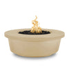 The Outdoor Plus 48" Tempe Concrete Gas Fire Pit in Vanilla finish offers a soft, creamy appearance with a smooth texture that enhances its modern appeal. Featuring a circular shape and a central burner filled with black lava rocks, this fire pit is a stylish focal point for any outdoor area. Ideal for brightening up patios and gardens. 