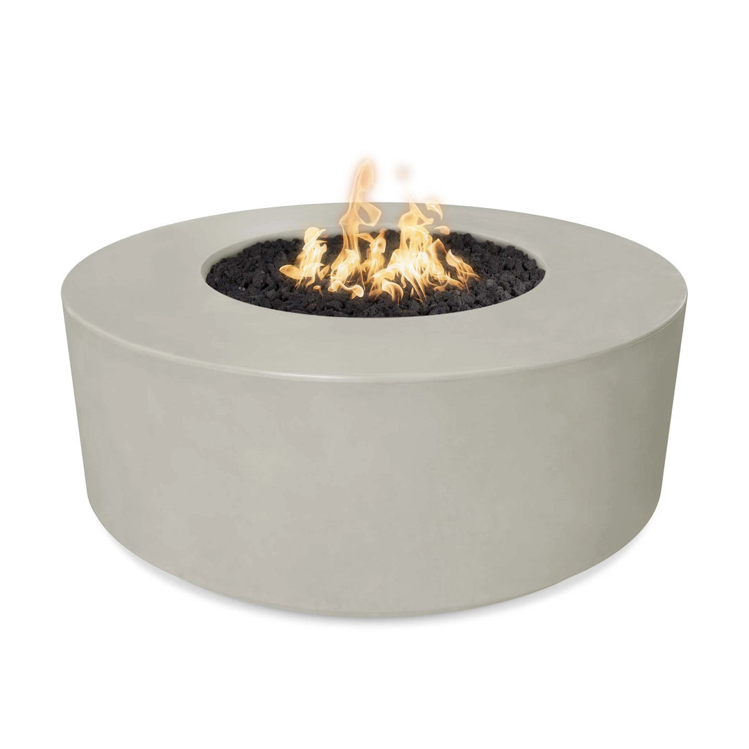 The Outdoor Plus 54-inch Occasional Height Florence Concrete Gas Fire Pit in ash color, showcasing a smooth, round design with a neutral light gray hue. This outdoor fire pit adds a contemporary touch to patios or backyard spaces, featuring a durable concrete body and a central fire bowl filled with lava rock, creating a striking ambiance. Ideal for enhancing outdoor gatherings with its modern elegance and premium build.