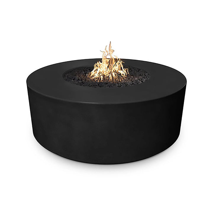 The Outdoor Plus 54-inch Occasional Height Florence Concrete Gas Fire Pit in a bold black finish, featuring a sleek round shape with a rich dark tone that contrasts beautifully with the glowing flames. This luxury fire pit is perfect for contemporary outdoor settings, offering a stylish focal point that radiates warmth and enhances ambiance. Crafted from high-quality concrete, designed to withstand the elements.