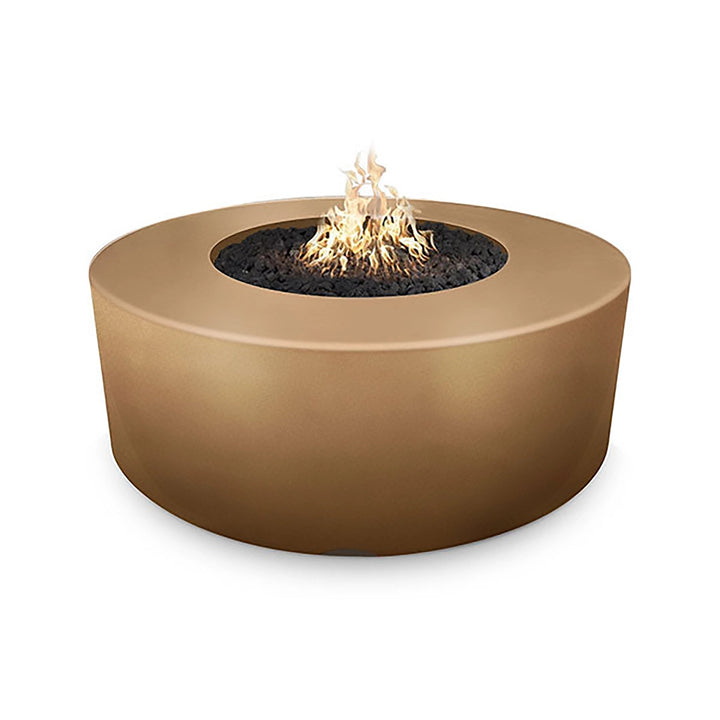 The Outdoor Plus 54-inch Occasional Height Florence Concrete Gas Fire Pit in a warm bronze finish, presenting a rich, earthy tone that complements natural outdoor decor. Its round, smooth design and the inviting fire bowl filled with dark lava rock offer a captivating visual appeal. This handcrafted fire pit adds rustic charm to patios and gathering spaces, making it a luxurious and functional addition.