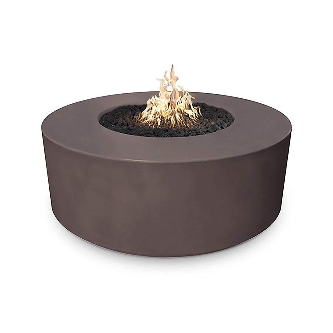 The Outdoor Plus 54-inch Occasional Height Florence Concrete Gas Fire Pit in a rich chestnut hue, showcasing a natural brownish tone that enhances the aesthetic appeal of outdoor living spaces. This fire pit's handcrafted, round design complements rustic and modern decors alike, with its durable build and captivating flame display creating a perfect gathering point.