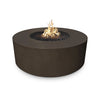 The Outdoor Plus 54-inch Occasional Height Florence Concrete Gas Fire Pit in a deep chocolate color, featuring a rich, dark brown finish that adds warmth and depth to any outdoor area. This elegant fire pit combines contemporary design with rugged durability, making it a standout piece for patio or backyard gatherings. The smooth round structure houses a vibrant central flame surrounded by black lava rock.