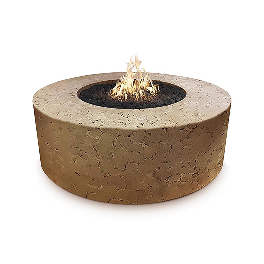 The Outdoor Plus 54-inch Occasional Height Florence Concrete Gas Fire Pit in a coffee brown finish, exuding a sophisticated and inviting vibe. The sleek round body and rich tone make this fire pit a versatile option for outdoor spaces, whether modern or traditional. Built from premium concrete, this luxurious fire feature offers warmth and ambiance for outdoor entertaining.