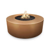 The Outdoor Plus 54-inch Occasional Height Florence Concrete Gas Fire Pit in a radiant copper tone, perfect for adding a bold yet elegant statement to any patio or deck. The fire pit's round shape and warm metallic finish contrast beautifully with the glowing fire display. Its handcrafted design ensures both durability and a unique aesthetic appeal, ideal for upscale outdoor environments.