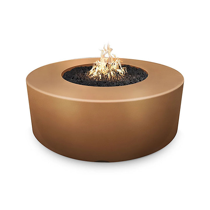 The Outdoor Plus 54-inch Occasional Height Florence Concrete Gas Fire Pit in a radiant copper tone, perfect for adding a bold yet elegant statement to any patio or deck. The fire pit's round shape and warm metallic finish contrast beautifully with the glowing fire display. Its handcrafted design ensures both durability and a unique aesthetic appeal, ideal for upscale outdoor environments.