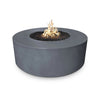 The Outdoor Plus 54-inch Occasional Height Florence Concrete Gas Fire Pit in a neutral gray color, offering a timeless, contemporary look that fits seamlessly into any outdoor design scheme. The smooth, round silhouette and high-quality concrete construction provide durability and sophistication, while the central fire bowl filled with lava rock and vibrant flames create a cozy, stylish ambiance.