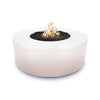 A Pearl-finished 54" Florence Concrete Gas Fire Pit with a smooth, off-white surface that radiates sophistication and elegance. The clean white hue complements the lively flames and enhances bright outdoor spaces. Perfect for beachside patios, rooftop lounges, or poolside gatherings, this fire pit adds a luxurious ambiance.